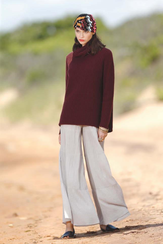 Nili Lotan s cashmere sweater and Surf Bazaar s cotton gauze pants.