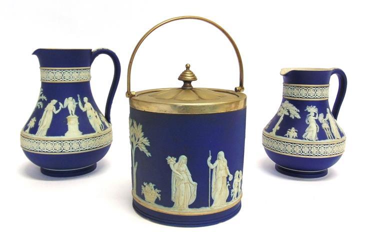5cm high, and two jugs, all decorated with classical figures on a blue ground 93 A PAIR OF STAFFORDSHIRE EQUESTRIAN FIGURES 'General Buller' and 'General