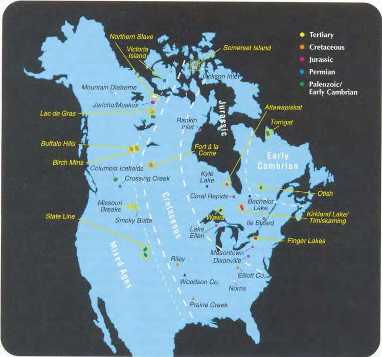 Figure 47. Age relationships between North American kimberlites and related rocks are shown in this map.
