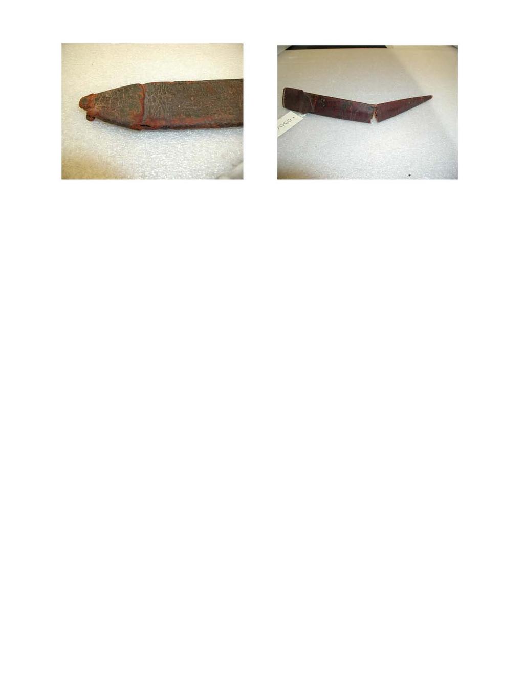 Figure 9. Detail of leather scabbard showing red-rot condition. This condition will require further treatment and was classed as a Priority 1 object. Figure 10.