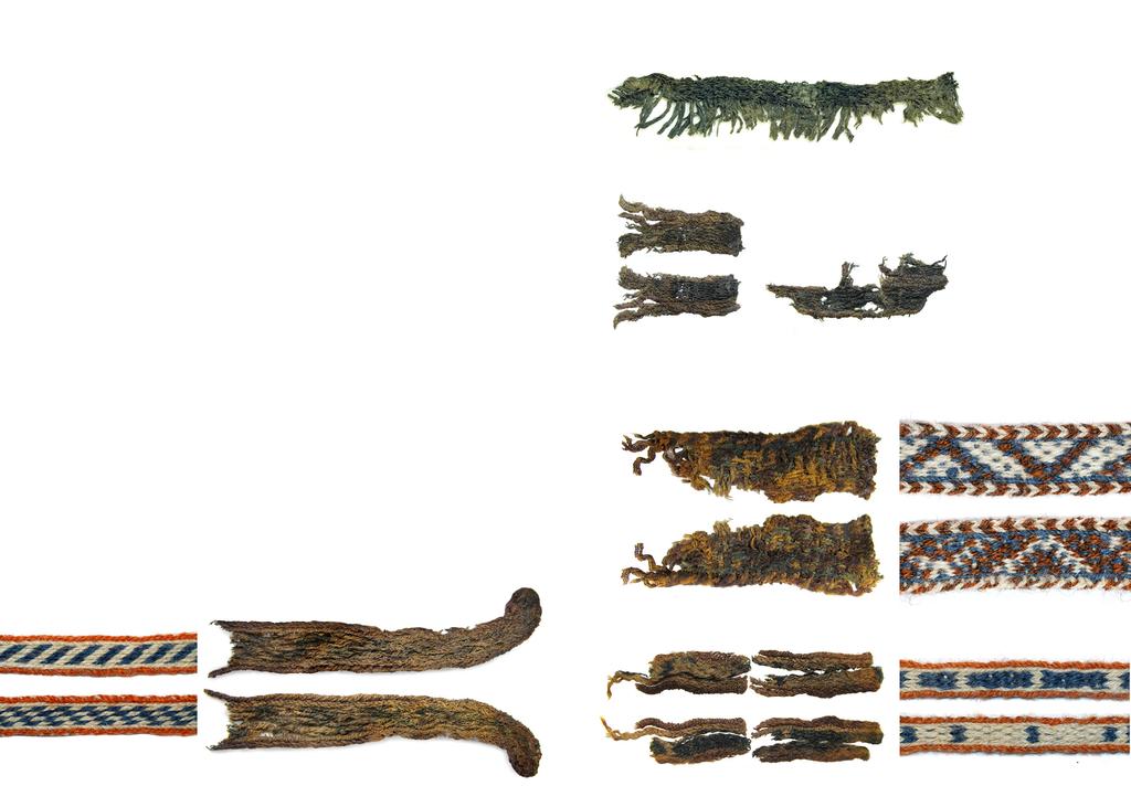 Ill 41. Kõlapael (nr 109) ja selle rekonstruktsioon pealt- ja altvaates. Fig. 41. Reconstruction of a tablet-woven band and the unearthed fragment (from above and below).