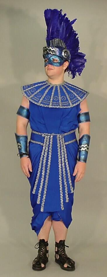 Water - Glenn Alamilla Blue Robe Dress with Attached Belt and Silver Trim Blue and Silver Hierglyphic Collar