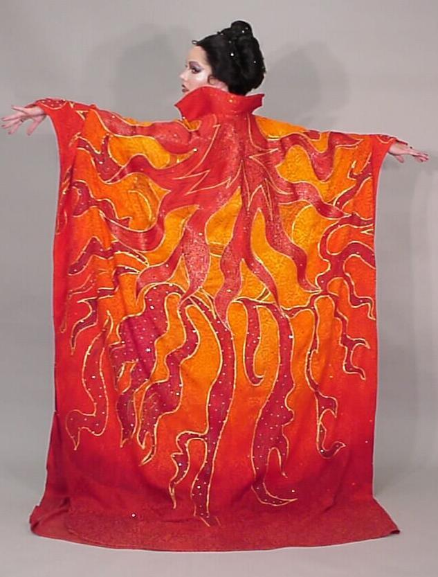 Ombre Dyed Cape with Painted Fire Motif and Jewels Red Jeweled Belt with Two Birds