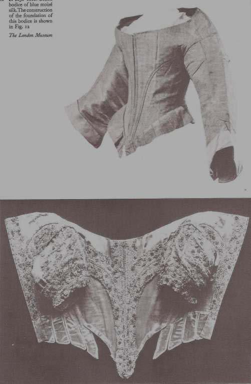 Above, a bodice from the 1660s,
