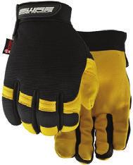 goatskin leather palm, hooded fingertips and reinforced thumb, form-fitting spandex back, snug-fitting elastic wrist with secure Velcro