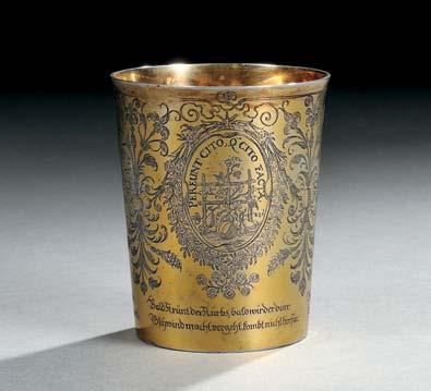 Continental Silver & Plate 33 Bavarian Silver-gilt Emblem Beaker, Nuremberg, Germany, 1609-29, Hans Reiff, maker, cylindrical, engraved with three emblematic scenes, each with a Latin motto within