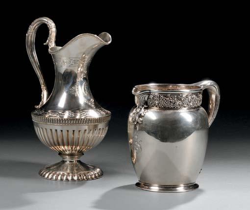 American & Canadian Silver & Plate 68 Four American Coin Silver Mugs, 19th century, each with hollow handle, two Gorham with cylindrical bodies: one with chased flowers centering a vacant medallion,