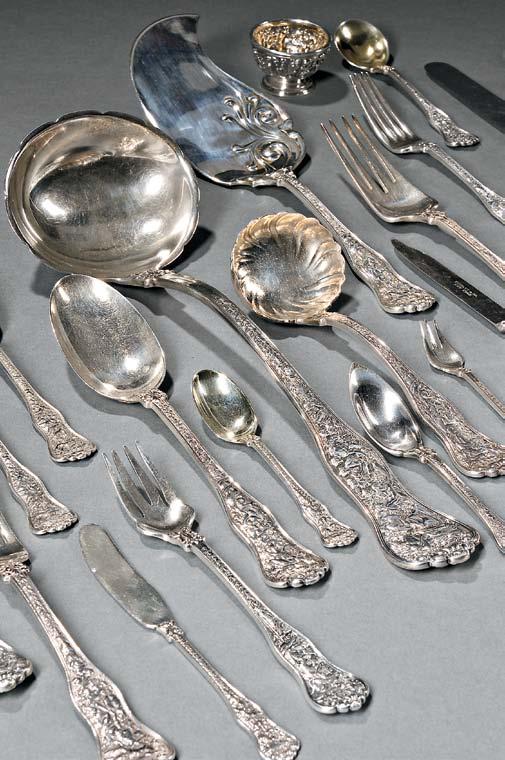 124 Towle Louis XVI Pattern Sterling Silver Flatware Service, Newburyport, mid-20th century, monogrammed, twelve dinner forks, eight each: hollow dinner knives, salad forks, oyster forks, place