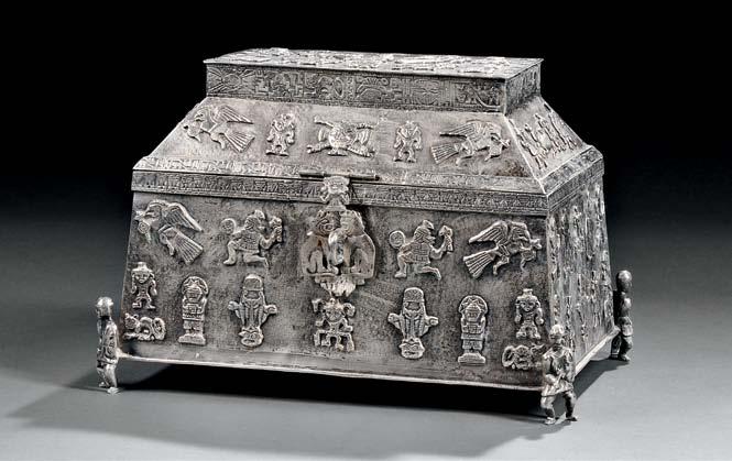 Mexican & South American Silver & Plate 153 Peruvian Sterling Silver Casket, 20th century, unidentified maker s marks to underside, rectangular with stepped lid decorated throughout with various