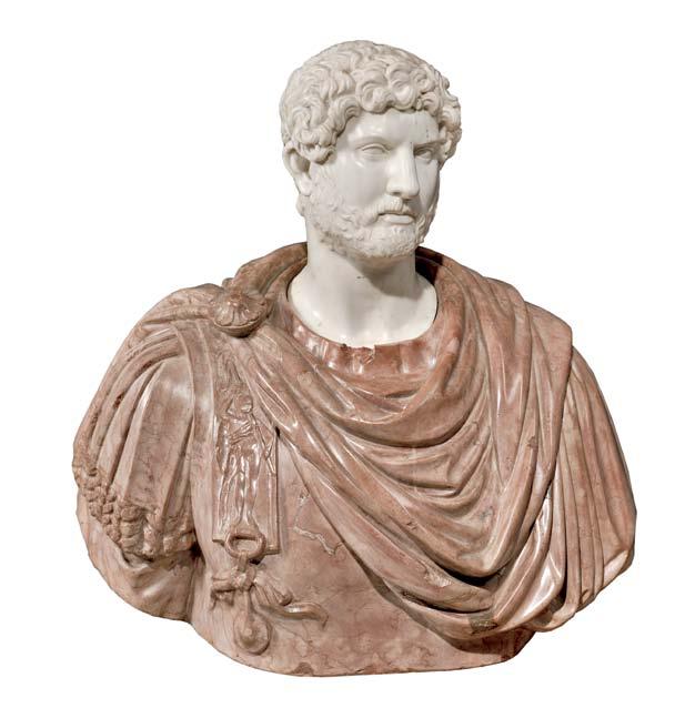219 219 Italian School, 19th Century Marble Bust of Hadrian, with head and neck carved in Carrara marble, and general s uniform and cloak in marmo rosso antico marble, unsigned, ht. 35 in.