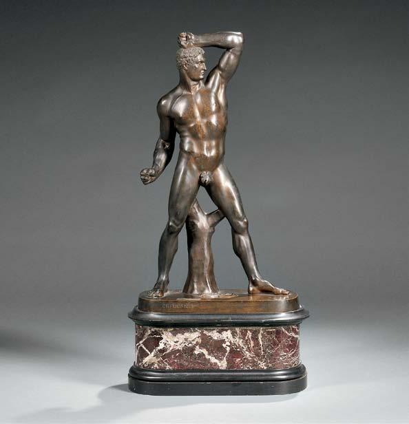 235 235 After Antonio Canova (Italian, 1757-1822) Bronze Figure of the Pugilist Creugas, Nelli Foundry, Rome, late 19th century, the figure with fist resting atop his head and wraps on the ground