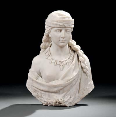 $1,200-1,800 259 Cesare Lapini (Italian, 1848-1893) Carrara Marble Bust of an Orientalist Beauty, the woman carved wearing a headdress and necklace, and partially disrobed, inscribed C.