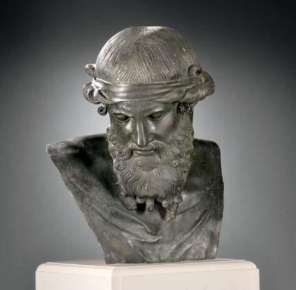 271 272 271 Bronze Bust of a Greek Man, 20th century, the male figure with head tilted down, with diadem and full beard, black patina with areas of verdigris, unsigned, bust ht.