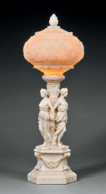 276 276 Carved Figural Alabaster Table Lamp, Italy, early 20th century, the two-part shade with foliate finial and adorned with garlands tied with ribband, over a stem with foliate capital surrounded