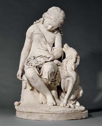 $500-700 357 Giovanni Maria Benzoni (Italian, 1808-1873) Marble Figure of Innocence Protected by Fidelity, the young girl seated on a stump with a floral wreath in her lap and a dog at her feet, the
