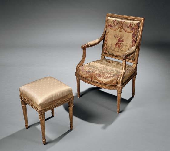 468 469 469 Louis XVI-style Giltwood Fauteuil, late 19th century, the square back and deep seat with Beuvais tapestry upholstery, raised on turned and tapered legs terminating in toupie feet, ht.