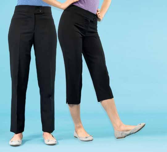 00% Polyester plain weave with Inherent stretch capabilities, 85gsm 8 to 4, XS to 5XL Regular leg 3 /79 cm, Long leg 34 / 86 cm Colour: Black Senna Beauty and Spa crop trousers co-ordinate