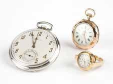 178 A group of three gold timepieces The first: a Hamilton 14K white gold pocket watch with circular white dial, applied goldtone Arabic numerals, sub-seconds, signed ''Hamilton'', attached to a 23