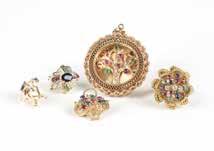 1 gms gross, 22 pcs, est: $1200/1800 225 A group of gold brooches A group of four 18K and 14K gold brooches set with turquoise, gems and enamel, 31.