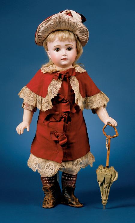 and period printed lawn dress and cotton undergarments, ht. 18 1/2 in., (wig pulls back of crown, paint wear on body, damage to lower left arm, right leg repainted). $4,000-6,000 1401.