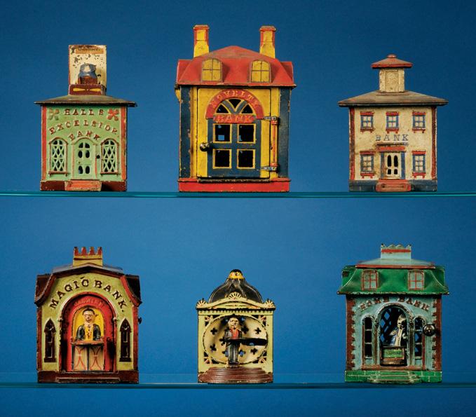Top row: 1511, 1512, 1513 Bottom row: 1514, 1515, 1516 1513. Stevens Cupola Bank, patd. 1872, cream-colored building with original paint, blue windows, red sills and cupola, ht. 5 1/2, base lg.