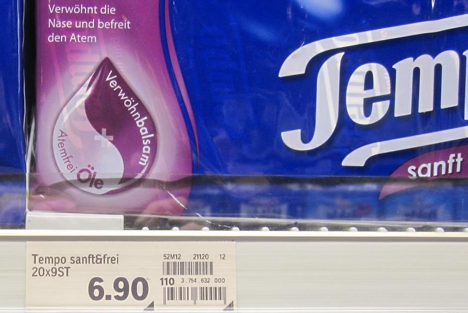 Shop price comparison (Supermarket Switzerland 2.3.2013) 1 hanky pocket is priced: with lotion 0.30 eq. 100% no lotion 0.