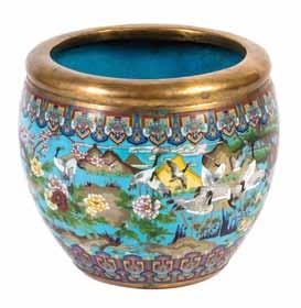 45 46 45* A Chinese Cloisonné Enamel Fish Bowl, having a gilt metal inverted mouth rim over the rounded, tapering body, decorated with cranes and other birds amongst lotus, peonies and prunus in a