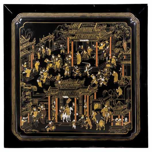 113* A Chinese Gilt Painted Black Lacquer Panel, of squared form with scalloped corners, depicting a figural scene