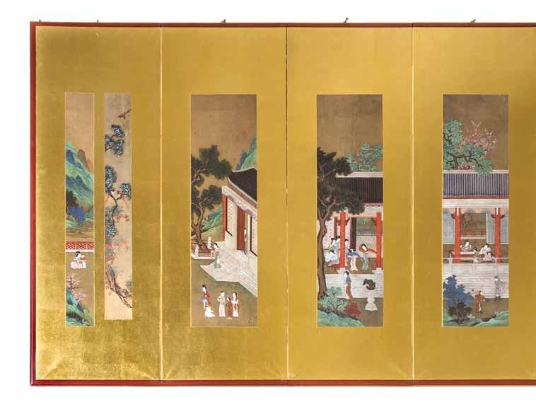 38 LESLIE HINDMAN AUCTIONEERS 114* A Chinese Painted Eight-Panel Folding Screen, with six landscape paintings with figures to the