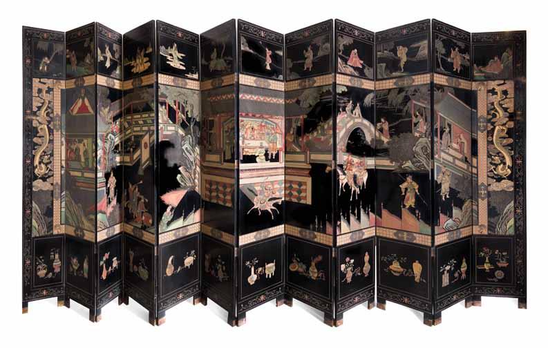 117 117* A Twelve-Panel Coromandel Screen, the top register of each panel depicting Liuhai or a Daoist immortal, the central register depicting a seated official, warriors, archers on horseback,