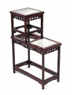 $300-500 126* A Chinese Hardwood and Stone Display Stand, having two square tiers above pierced galleries, raised on block legs. Height 31 1/2 x width 22 x depth 11 inches.