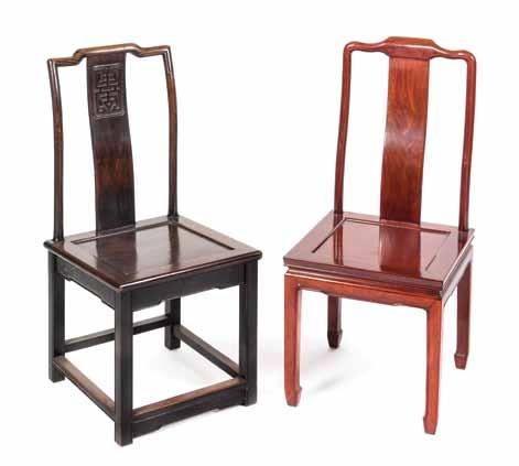 $200-400 135* Two Chinese Hardwood Ming Style Chairs, one having carved shou to the bowed backsplat.