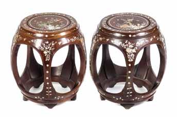 $400-600 139 141* Three Chinese Garden Seats, comprising a pair of hardwood and marble inset hexagonal seats, with a huanghuali openwork barrel form example.