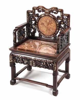 169 169* A Pair of Mother-of-Pearl Inlaid Marble and Hardwood Armchairs, the bowed crest and openwork back having foliate inlay,