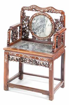 centered with a marble inset, framed by mother-of-pearl inlaid Daoist emblems, the openwork sides having additional mother-ofpearl