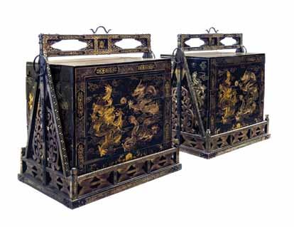 173* A Pair of Chinese Gilt Painted Black Lacquer Stacking Chests, each having four tiers and a cover, with shou and dragon