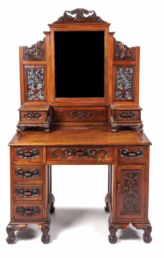 188 187* A Chinese Carved Wood Cabinet, the dark wood having a figured grain, the rectangular plank top over multiple doors and cabinet drawers, raised on squat cabriole legs.