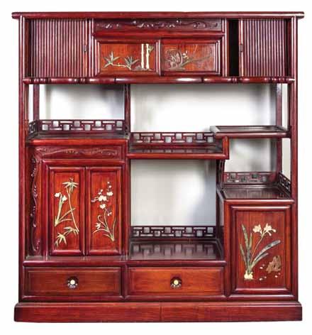 196* A Chinese Carved Wood Display, having hardstone inlaid foliate decoration, the upper register flanked by wire and inlaid dragon decorated tambour doors, over cascading tiers of shelves and