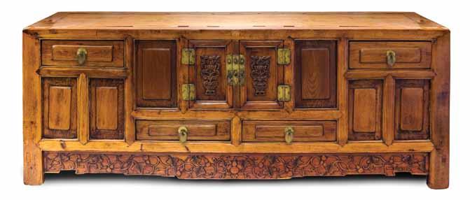 215 210 209* A Chinese Carved Wood Display Cabinet, having calligraphic decoration to the doors, with sliding door cabinets and multiple shelves. Height 48 x width 36 x depth 13 inches.