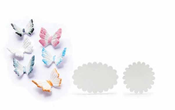 Sugar Plaques Sugar Assorted Butterflies 25A-108-01 Blue 25A-108-02 Pink 25A-108-05 White 25A-108-12 Gold 25A-108-13 Silver 25A-108-28 Black 25A-108 Assorted Available in Bulk Packs 23F-105-01 Blue