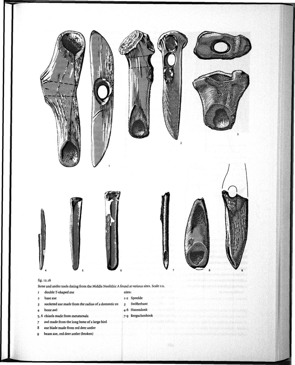 fig. 12.16 Bone and ander tools dating from the Middle Neolithic A found at various sites. Scale in.