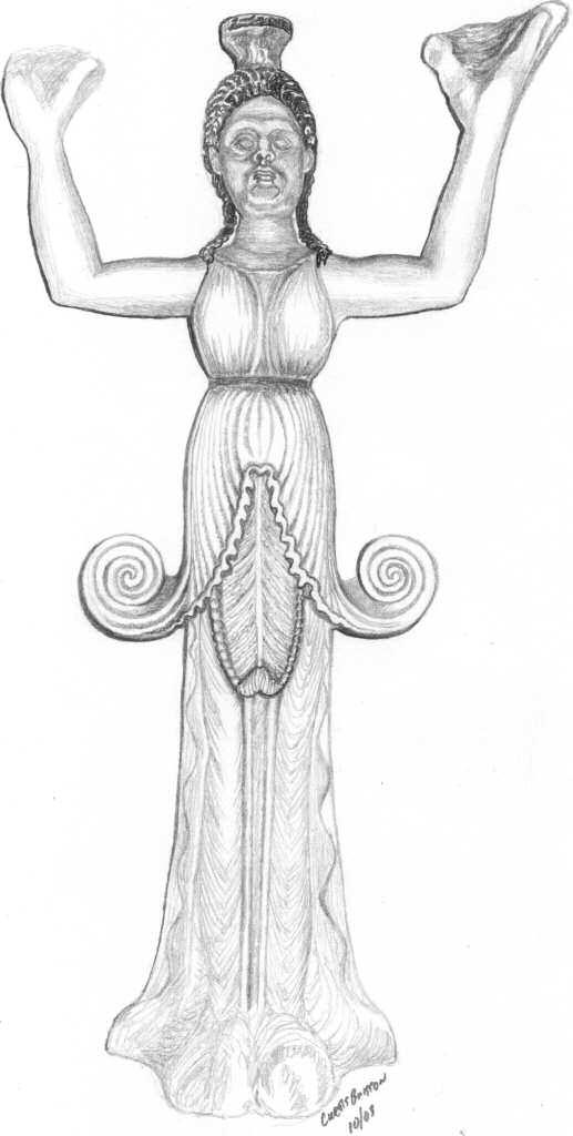 24 They, like the goddess in the Tomb of the Typhon, have been labeled caryatids because they are depicted with upraised arms that appear to support the ceiling of the tomb.
