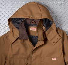 A. Quilted Duck Chore Coat, Brown Duck (JD24BD) B. Duck Snap-On Hood, Brown Duck (HD20BD) A. Quilted Duck Chore Coat A nylon quilted lining makes an already warm coat even warmer.