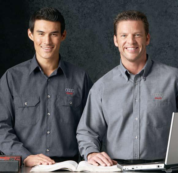 A. Audi Technician Shirt Convertible collar with stays Embroidered logo over pocket and on back below yoke Please specify logo color when ordering 4.25 oz.