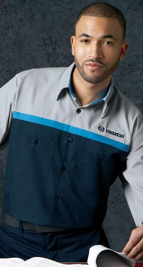 A. Hyundai Technician Shirt, (SP14HY) B. Mazda Technician Shirt, (SP14MZ) A. Hyundai Technician Shirt Two piece lined collar with stays Shirts stocked with both front and back logos 4.25 oz.