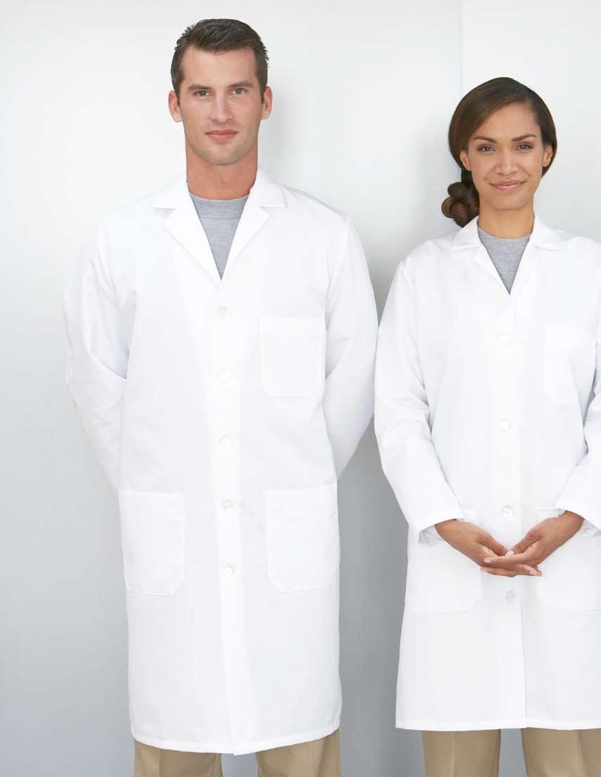 A. Lab Coat, White (KP14WH) B. Staff Coat, White (KT33WH) A. Lab Coat Performance-blend poplin Left chest and two lower pockets Lined notched lapel collar Side vent openings 5 oz.