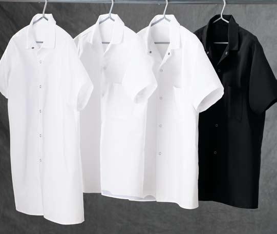CULINARY E. Military Bus Coat, F. Long Cook Shirt, H. Cook Shirt, and Black (BK) F. Long Cook Shirt, Black (BK) G. Black-Trim Cook Shirt, E.