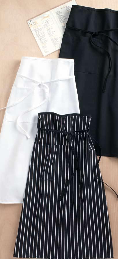 A. Tuxedo Apron, Black (BK) B. Bistro Apron, Black (BK),, Black/White Stripe (WB) A. Tuxedo Apron The apron goes formal in black twill.