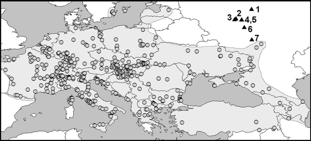 Range expansion of Agrilus convexicollis in European Russia Fig. 1 The known range of A. convexicollis as of 2013. Circles findings within native range.
