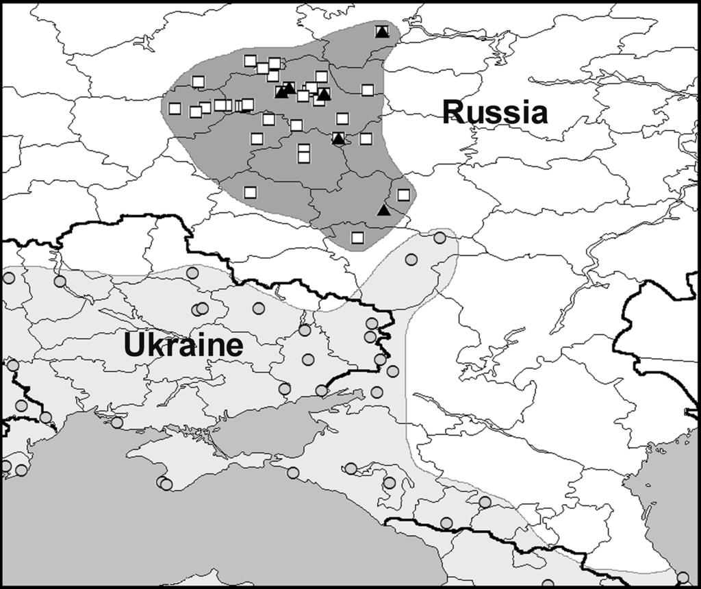 Sources of information are listed in Tables 1 and 2 Fig. 2 The known ranges of A. convexicollis and A. planipennis in European Russia and adjacent regions as of 2013.